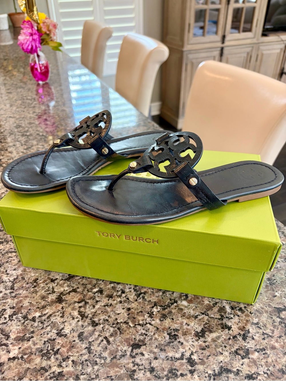 Tory Burch Black Leather Logo Thong Sandals